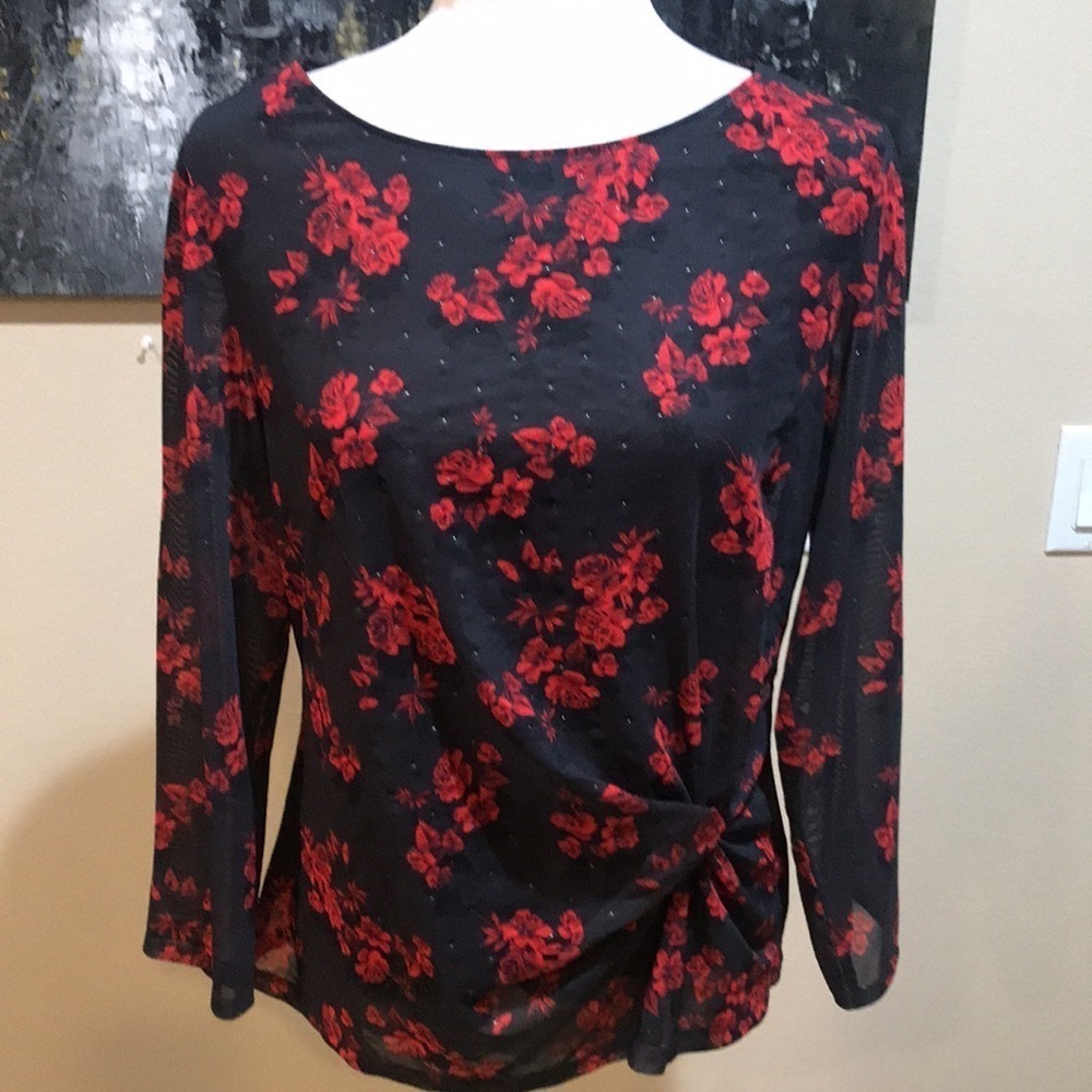 NWT Tahari Black & Red Floral Long Sleeved Top w/Side Knot and Embedded Beads-L